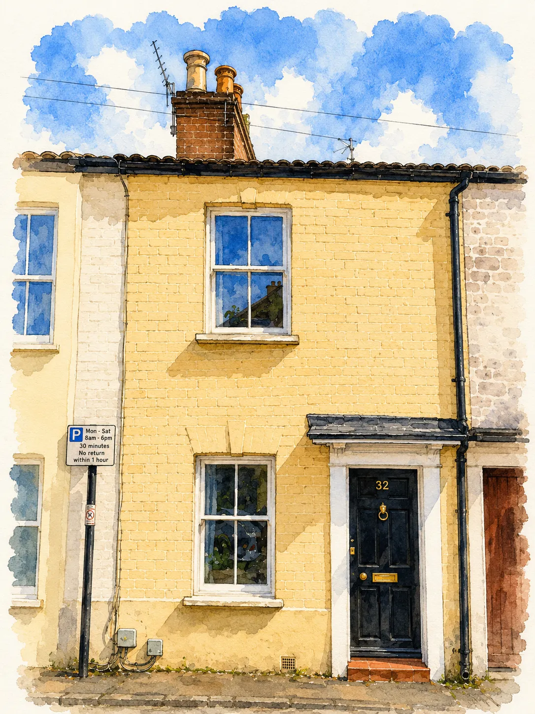 Watercolour illustration of the cottage — yellow brick, black front door